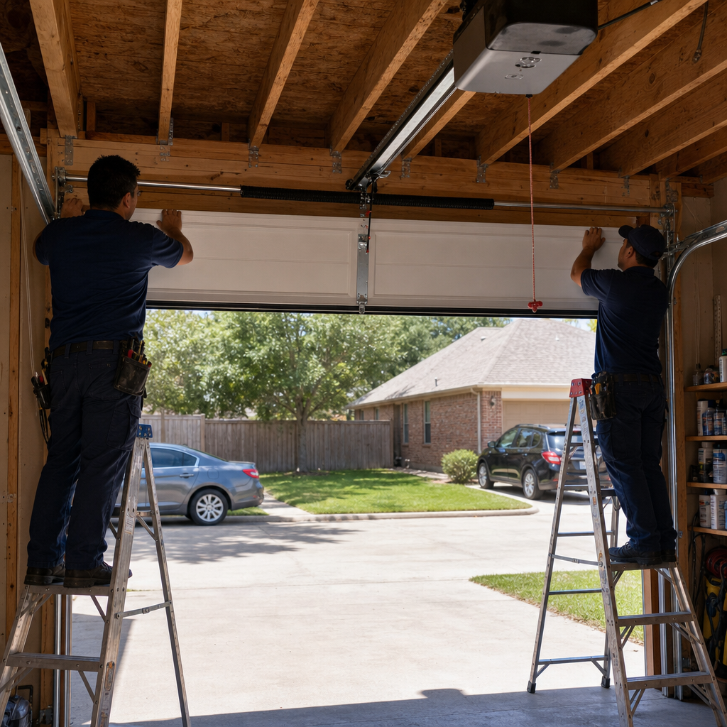 Two professional technicians performing a residential garage door installation on ladders.
