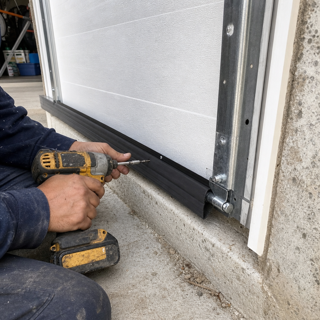 Technician installing garage door bottom weather seal with a power drill