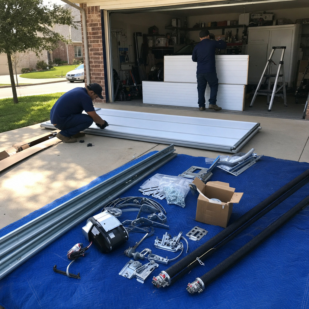 Two technicians installing a new white garage door on a driveway