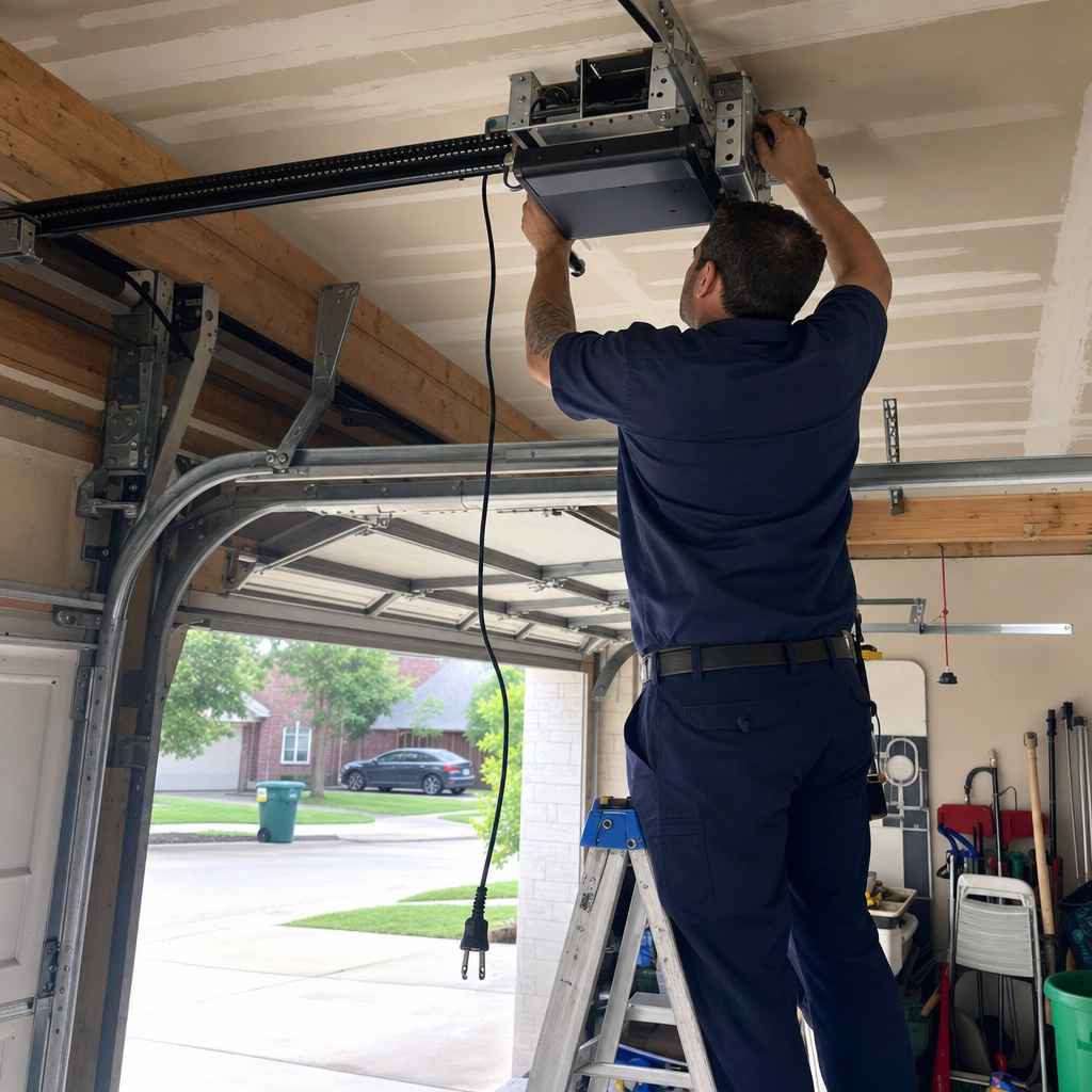 Professional technician installing a residential garage door opener motor