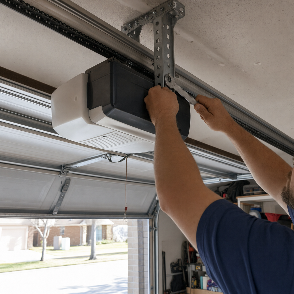 Technician using a wrench to repair a garage door opener motor