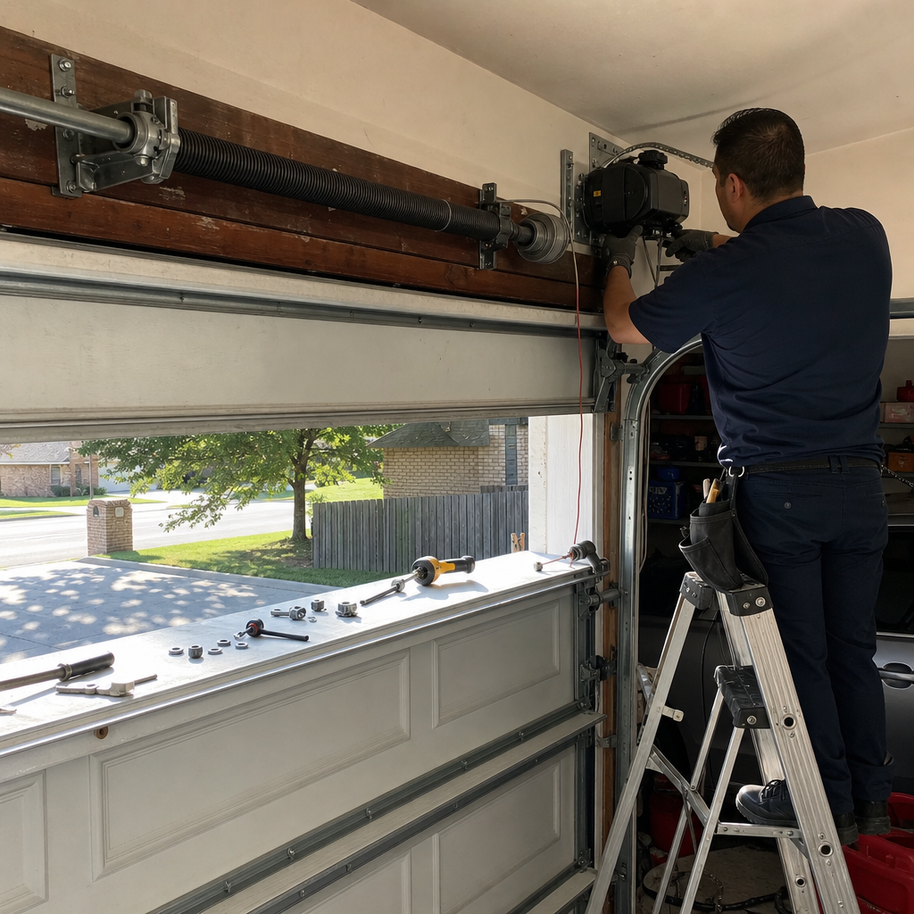 Technician installing a garage door opener motor on a residential door