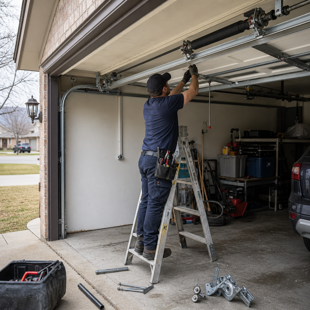 Technician performing professional garage door spring repair and maintenance