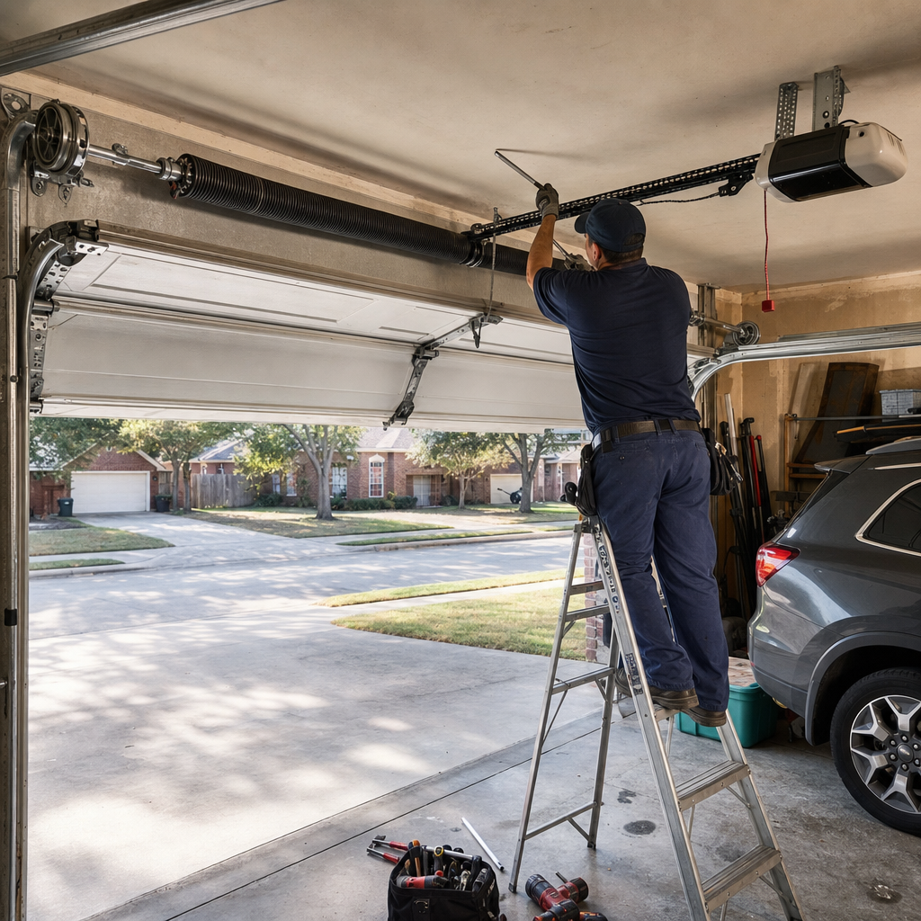 Professional technician performing residential garage door repair service