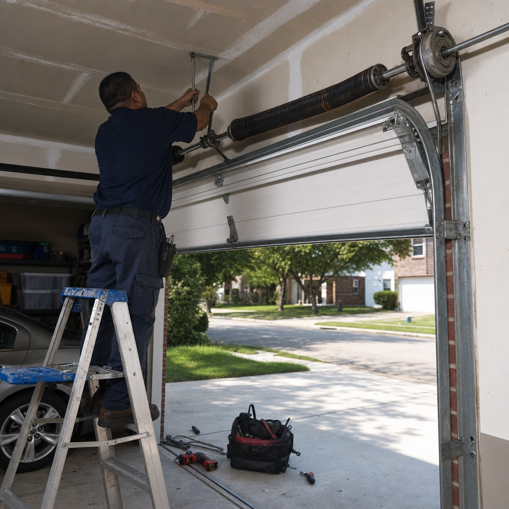 Technician performing professional garage door spring repair and maintenance