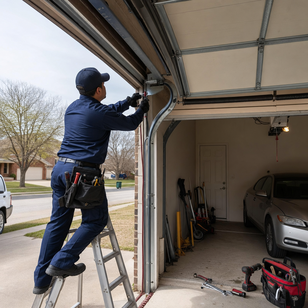 Technician performing emergency garage door repair services on a residential home in Fort Worth, TX