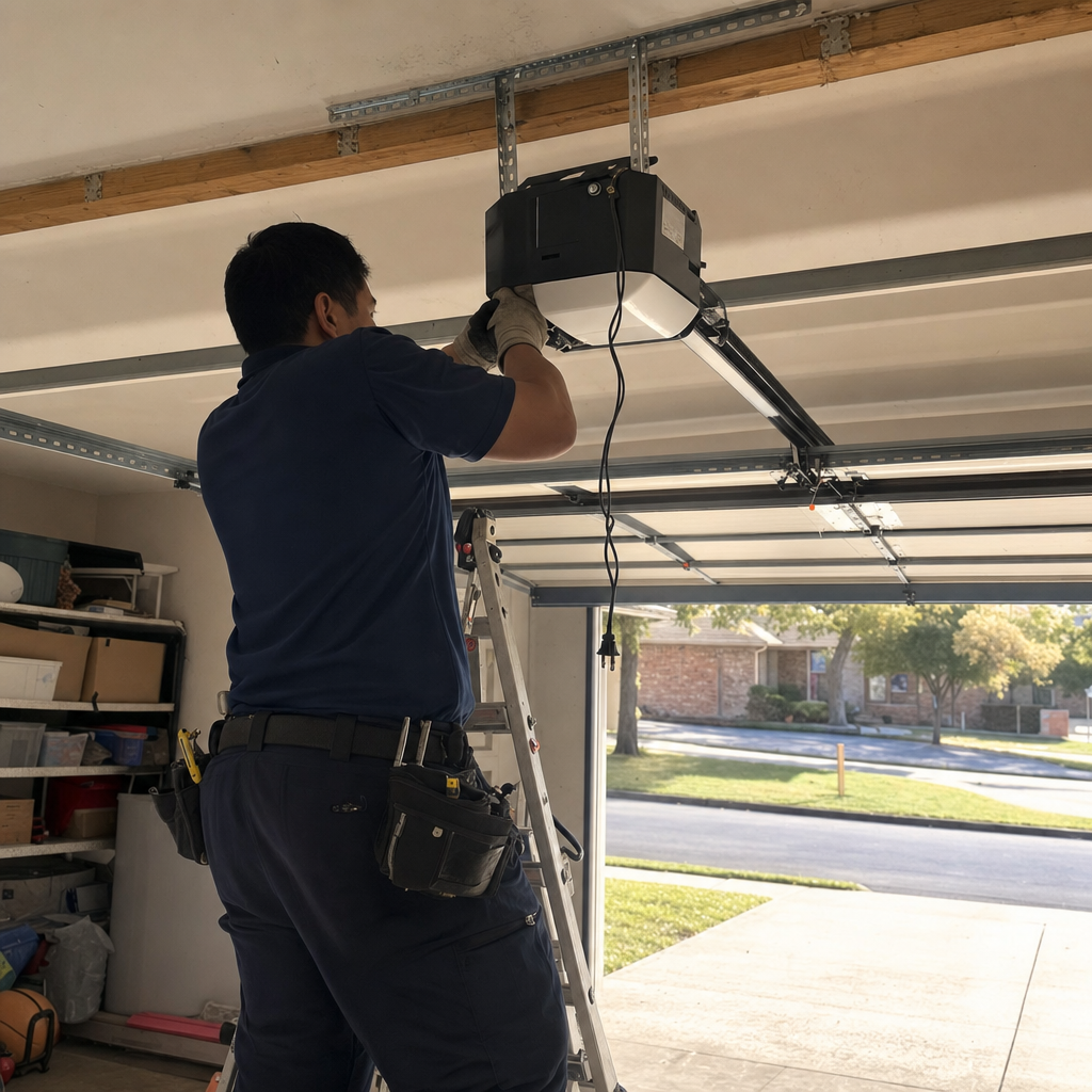 Technician installing a garage door opener motor in a residential garage.