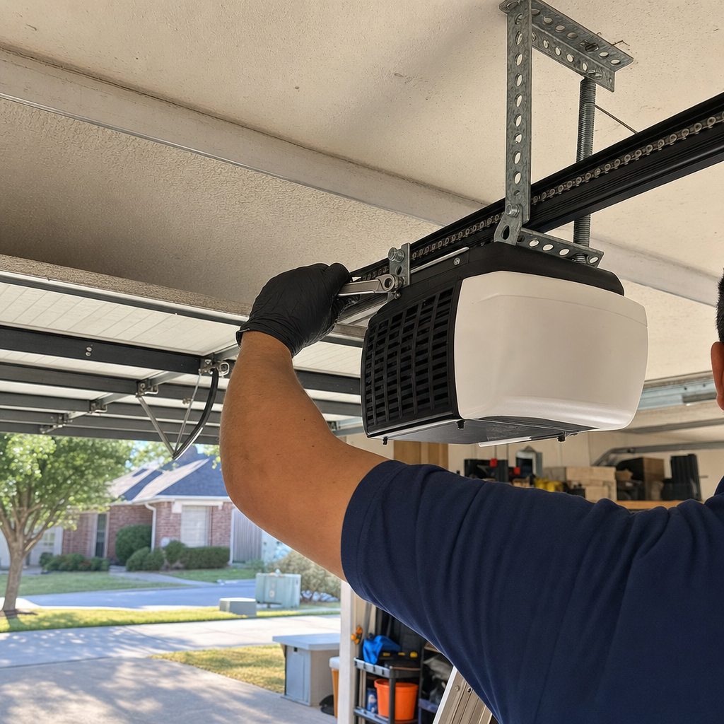 Technician performing professional garage door opener installation or repair service