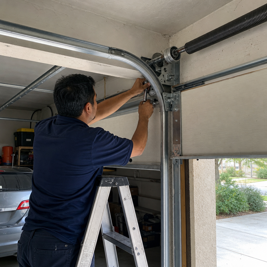 Professional garage door technician repairing door parts on a ladder in Fort Worth, TX