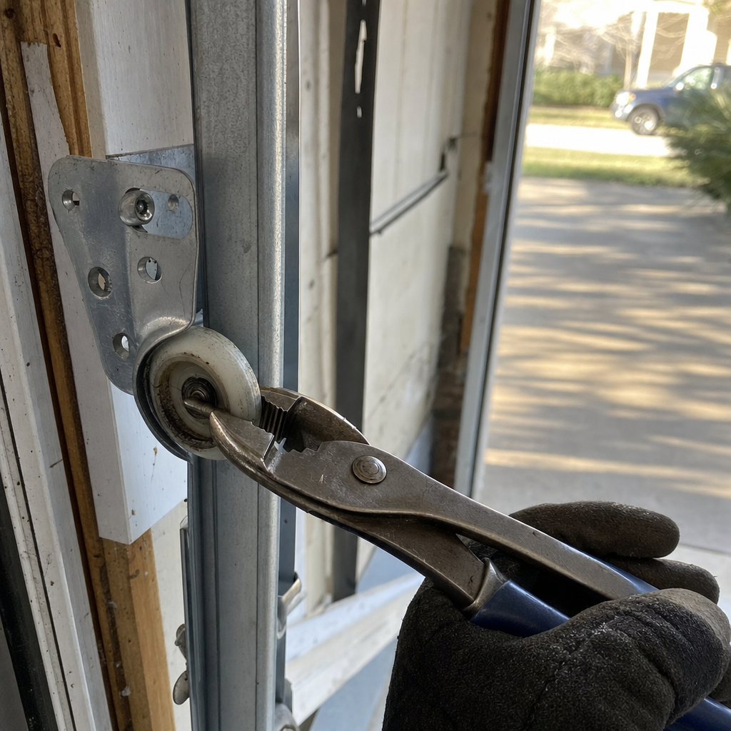 Professional garage door repair technician adjusting a nylon roller.