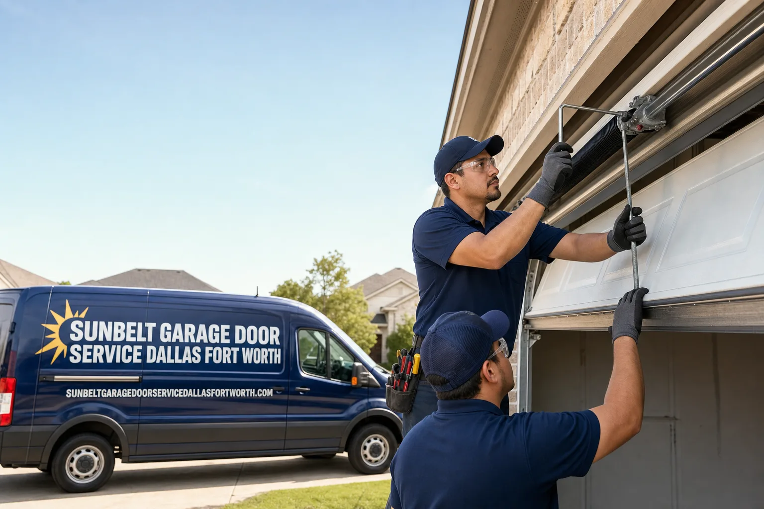 Sunbelt Garage Door Service Dallas Fort Worth service vehicle and crew in Fort Worth, TX